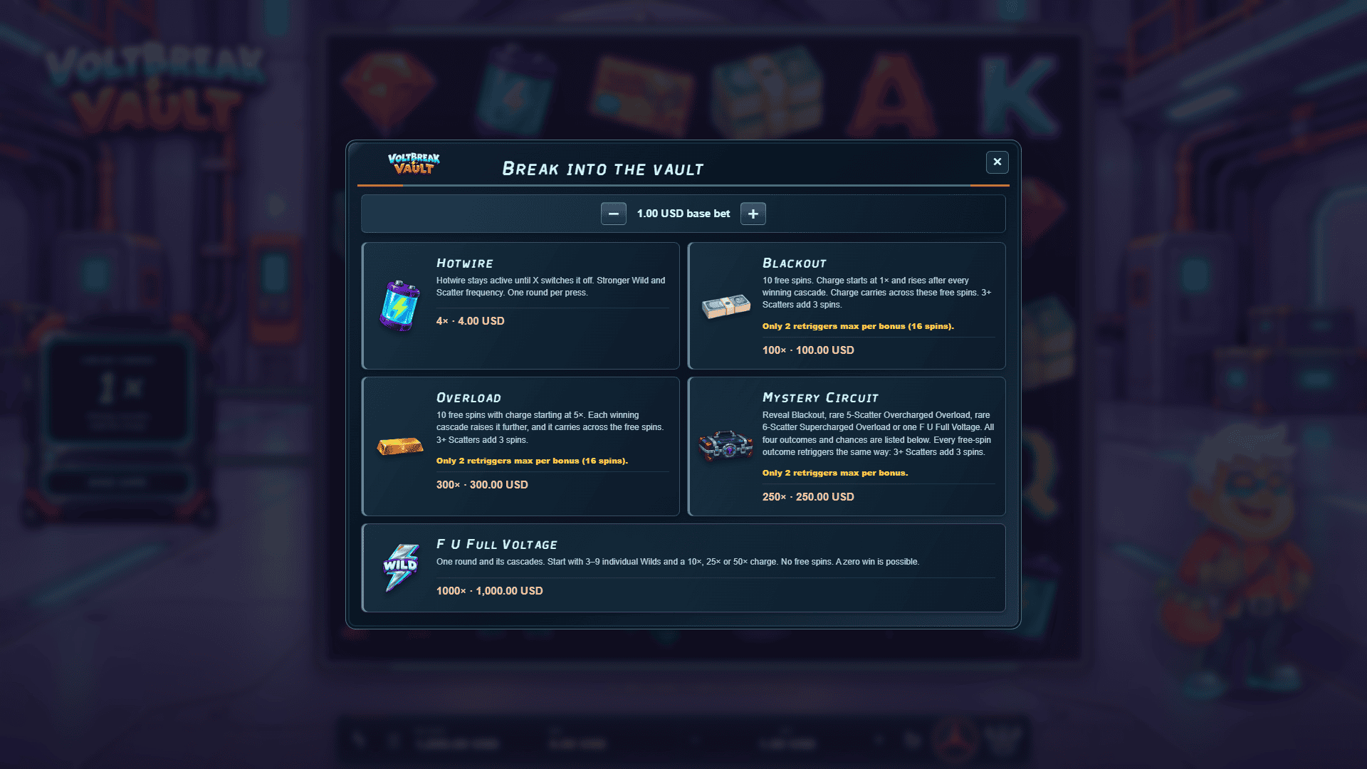 Voltbreak Vault bonus buy menu