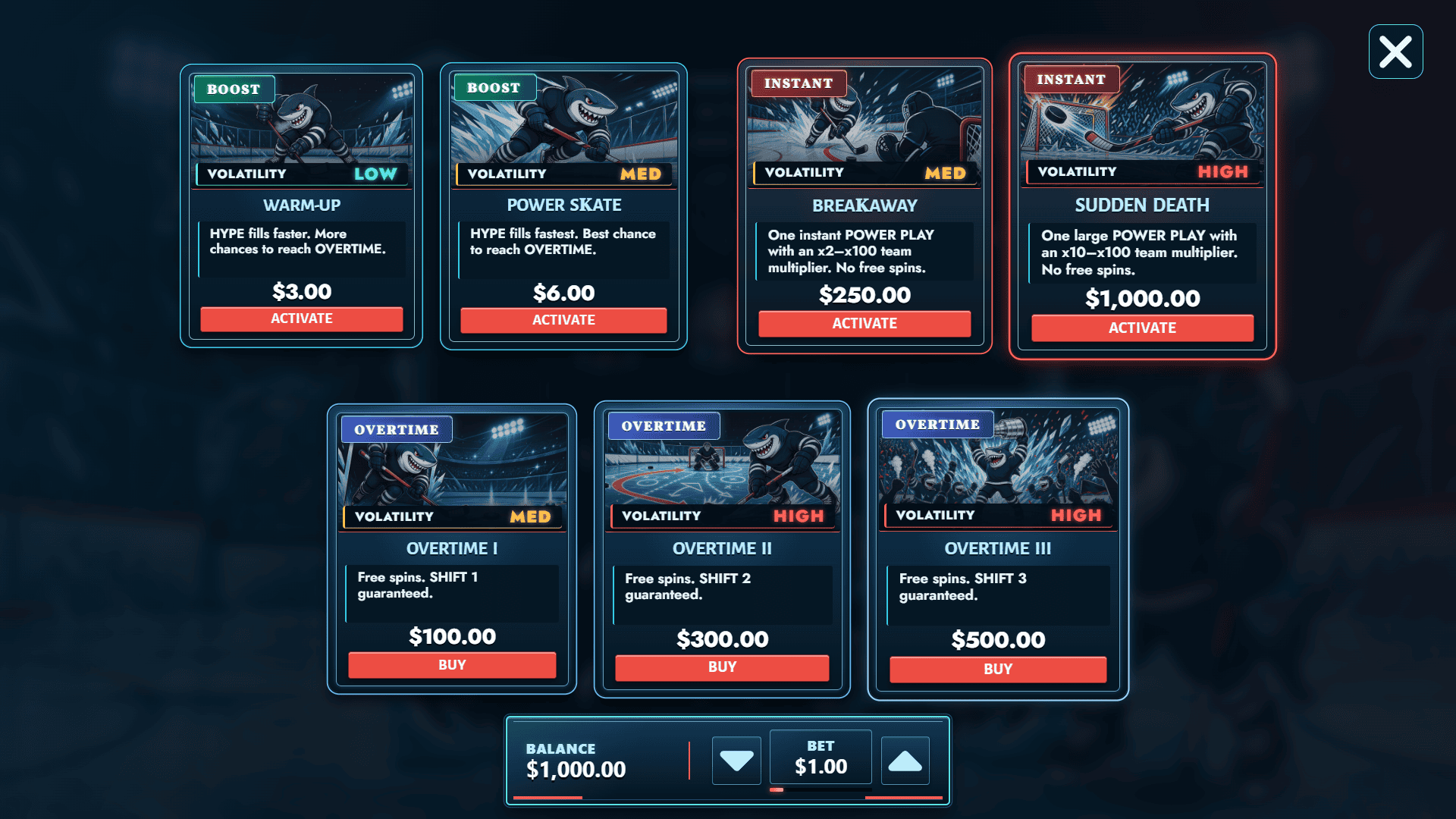 Over The Puck bonus buy menu