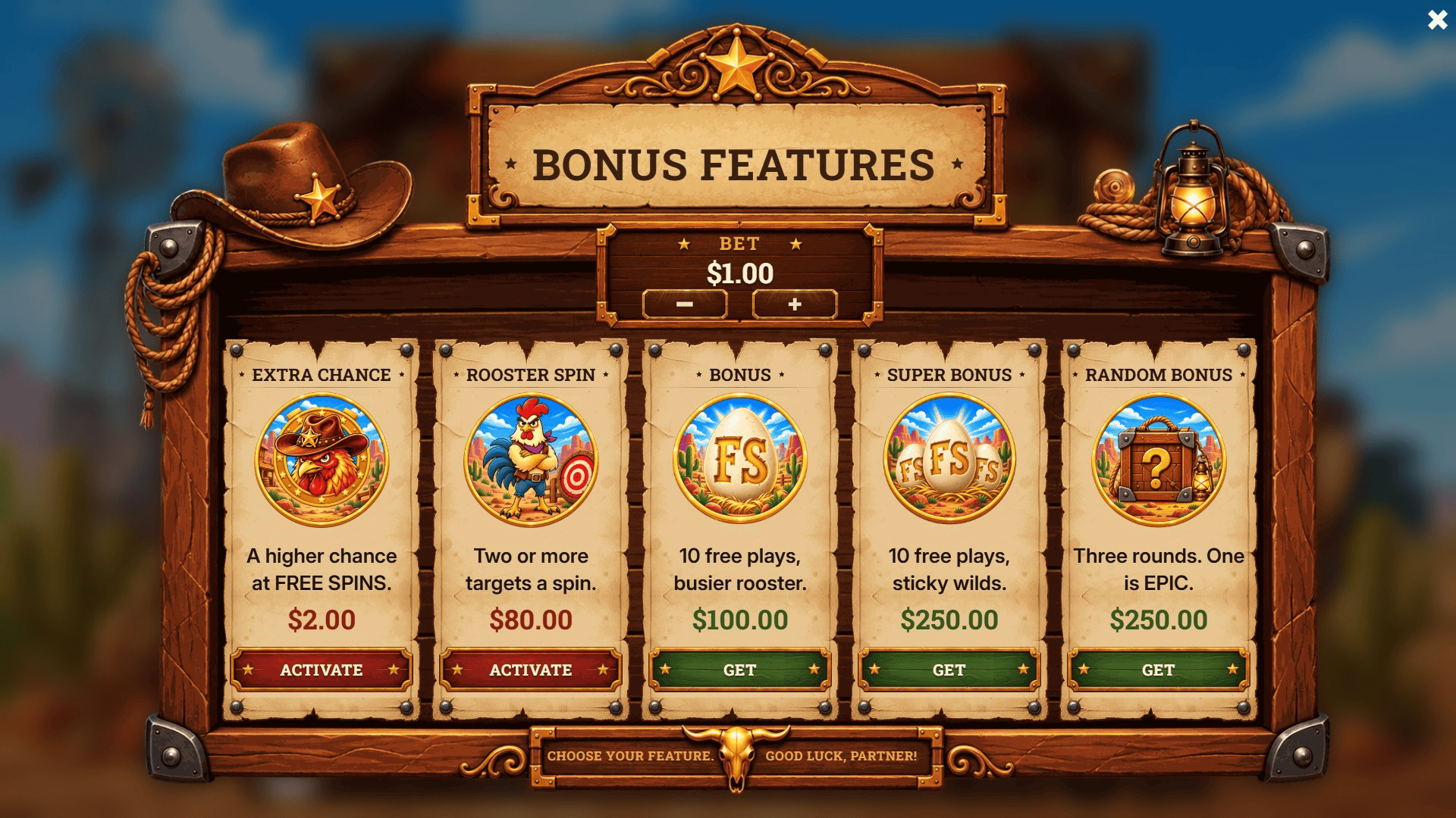 Wild Rooster bonus buy menu