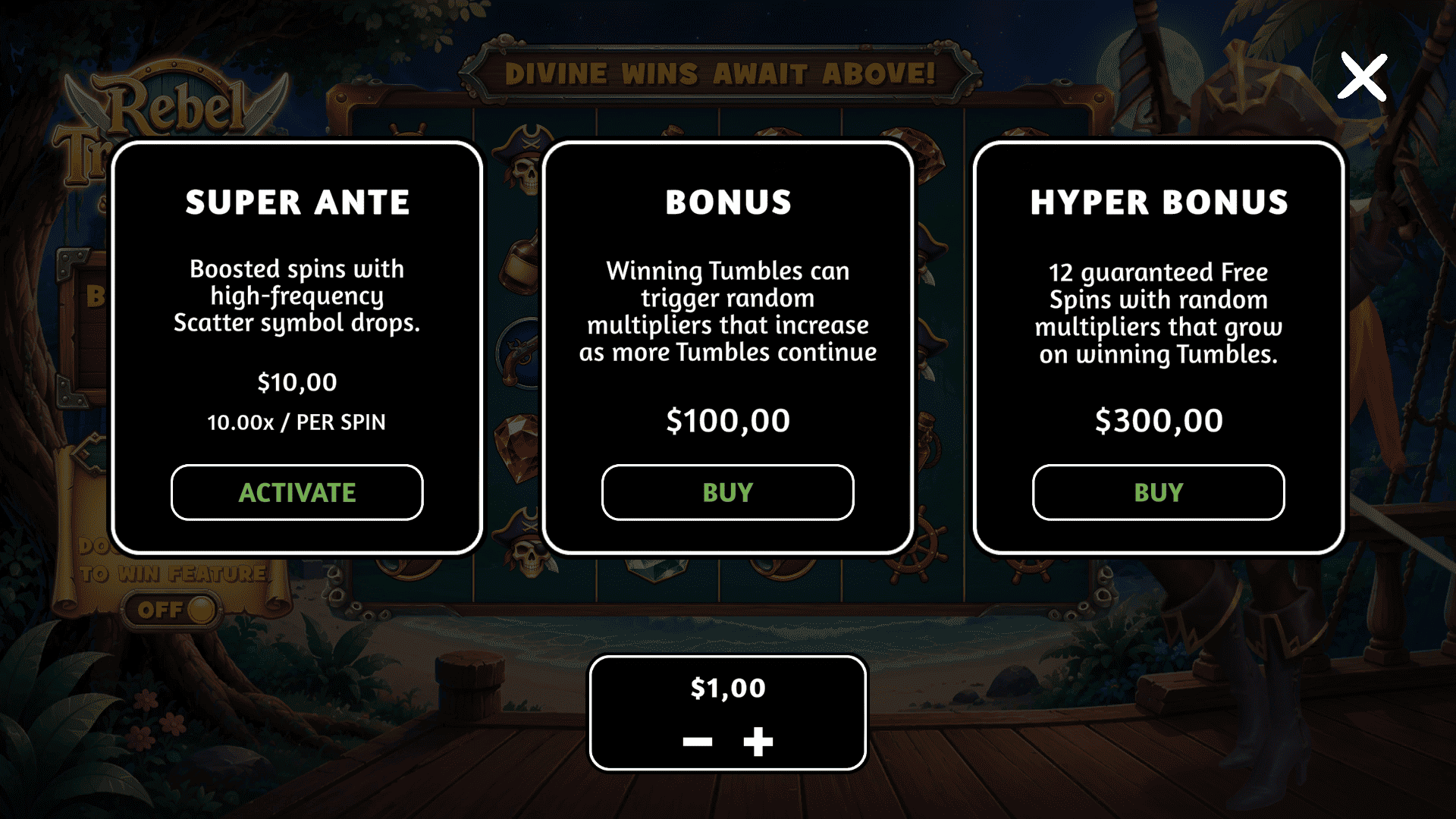 Rebel Treasures bonus buy menu