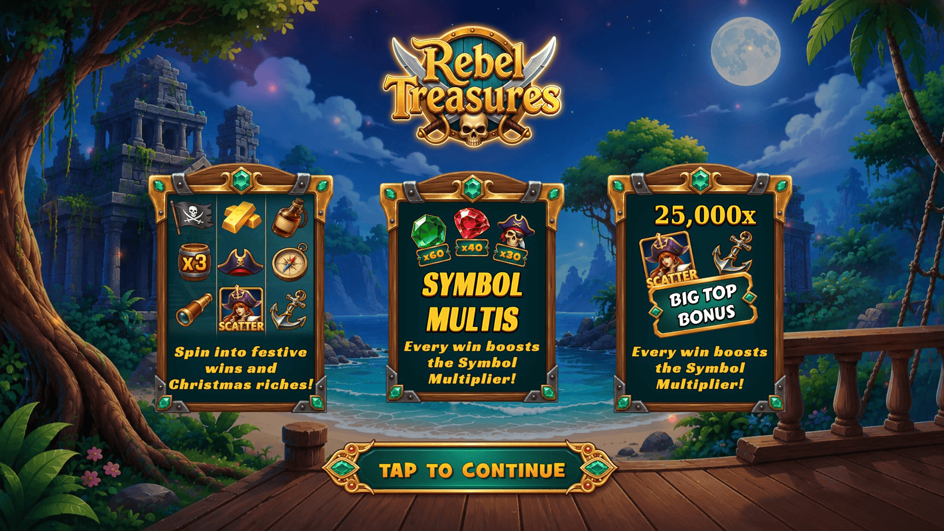 Rebel Treasures slot intro screen