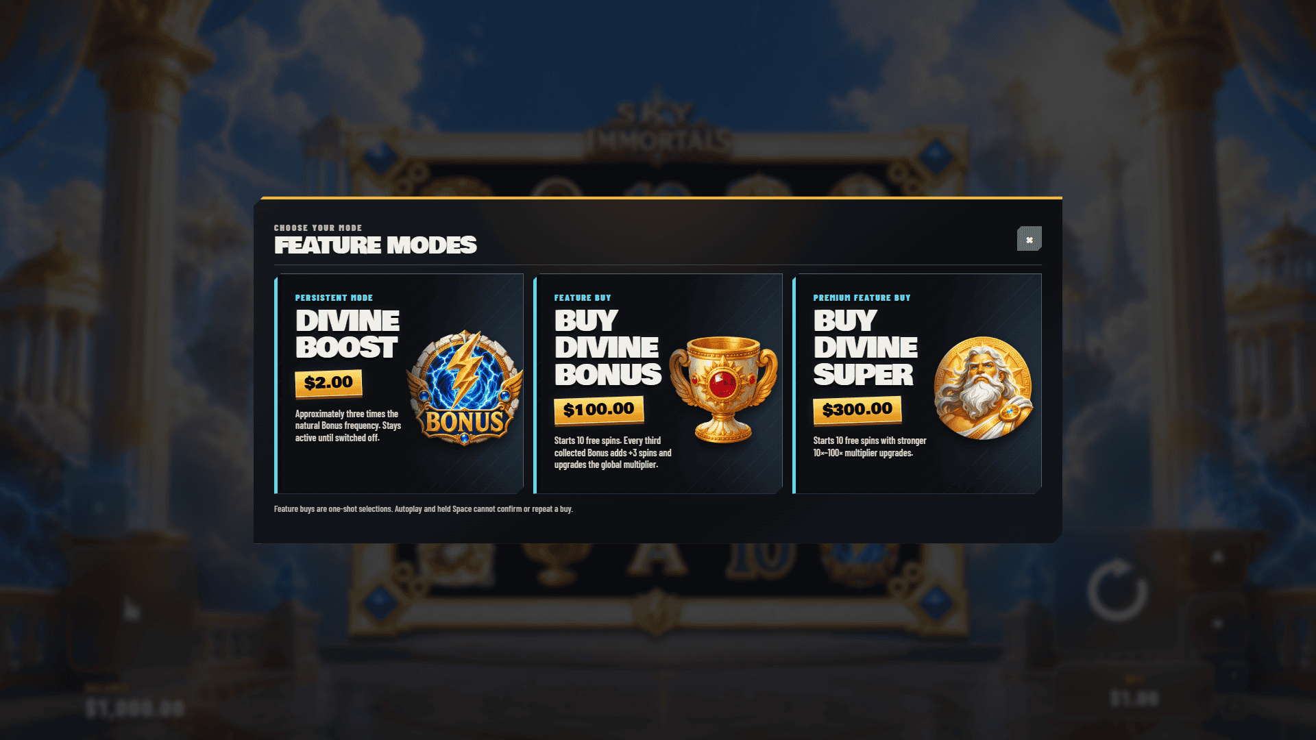 Sky Immortals bonus buy menu