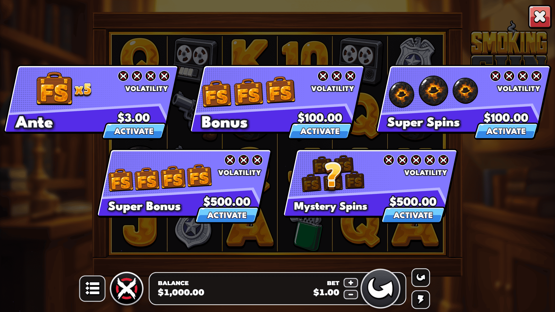 Smoking Gun bonus buy menu
