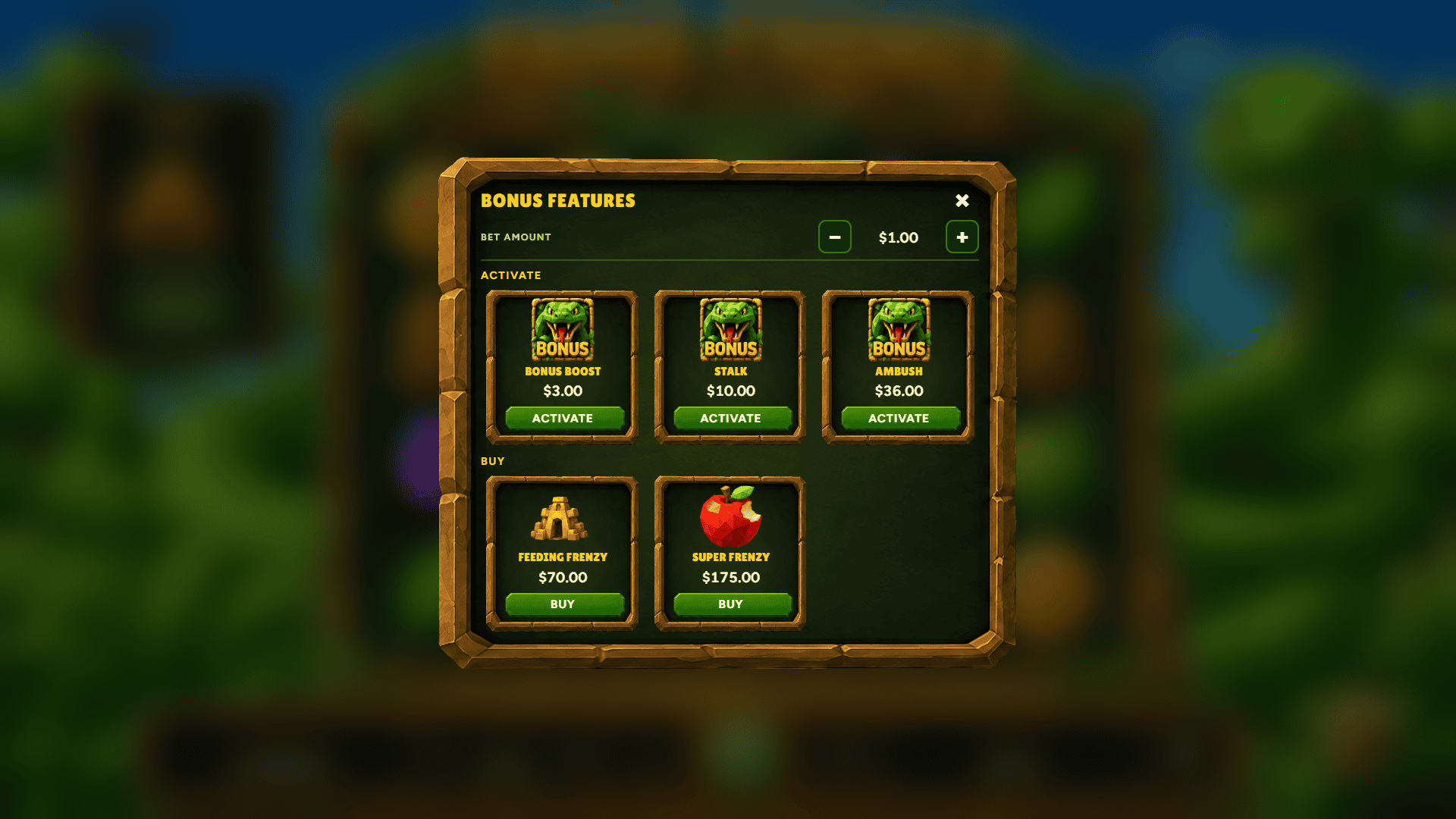 Fang Frenzy Cluster Pays bonus buy menu