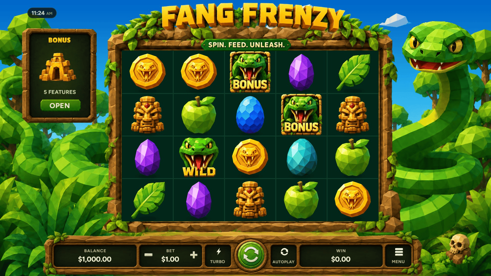 Fang Frenzy Cluster Pays slot gameplay reels