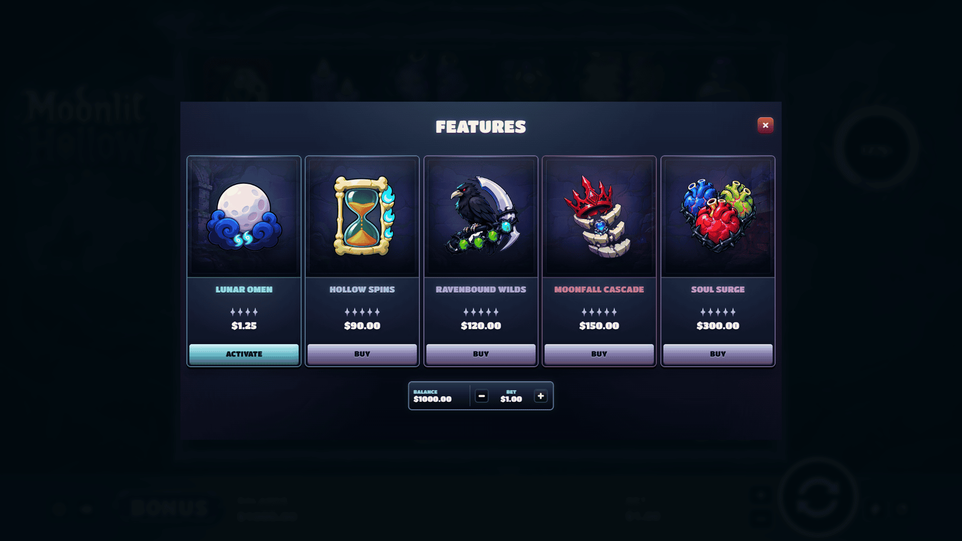 Moonlit Hollow bonus buy menu